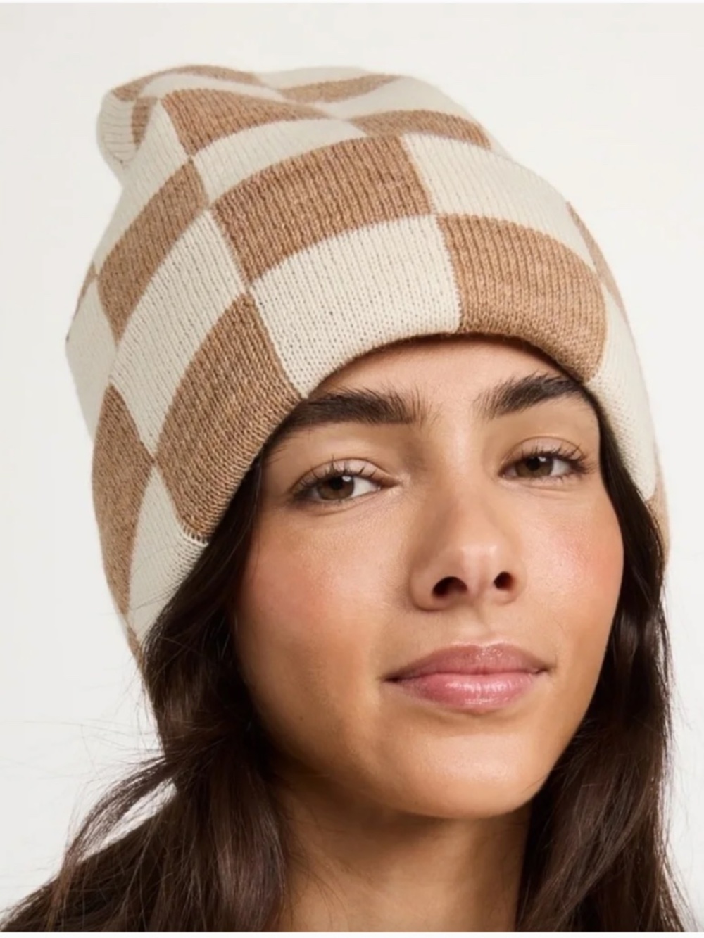 Loeffler Randall Bartlet Checker Knit Beanie Camel Cream Tan